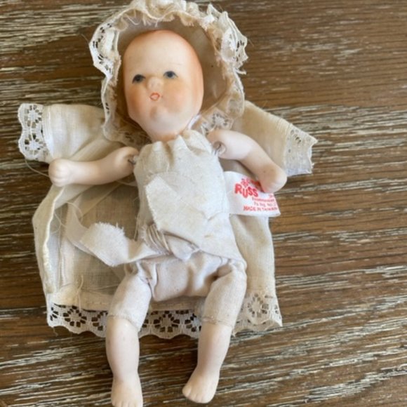 Vintage RUSS Baby Doll Porcelain Bisque Head Arms Leg Cloth Body Blue Eyes Dress - Picture 2 of 10